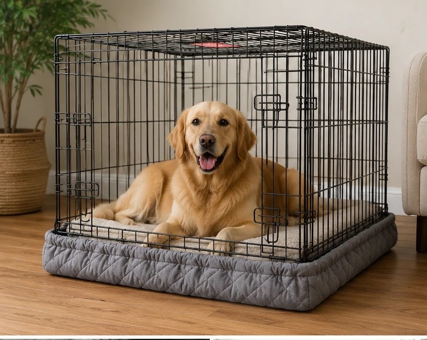A dog resting calmly in a crate wrapped in the quilted Crate Wrap cover, protecting the floor and baseboards around it