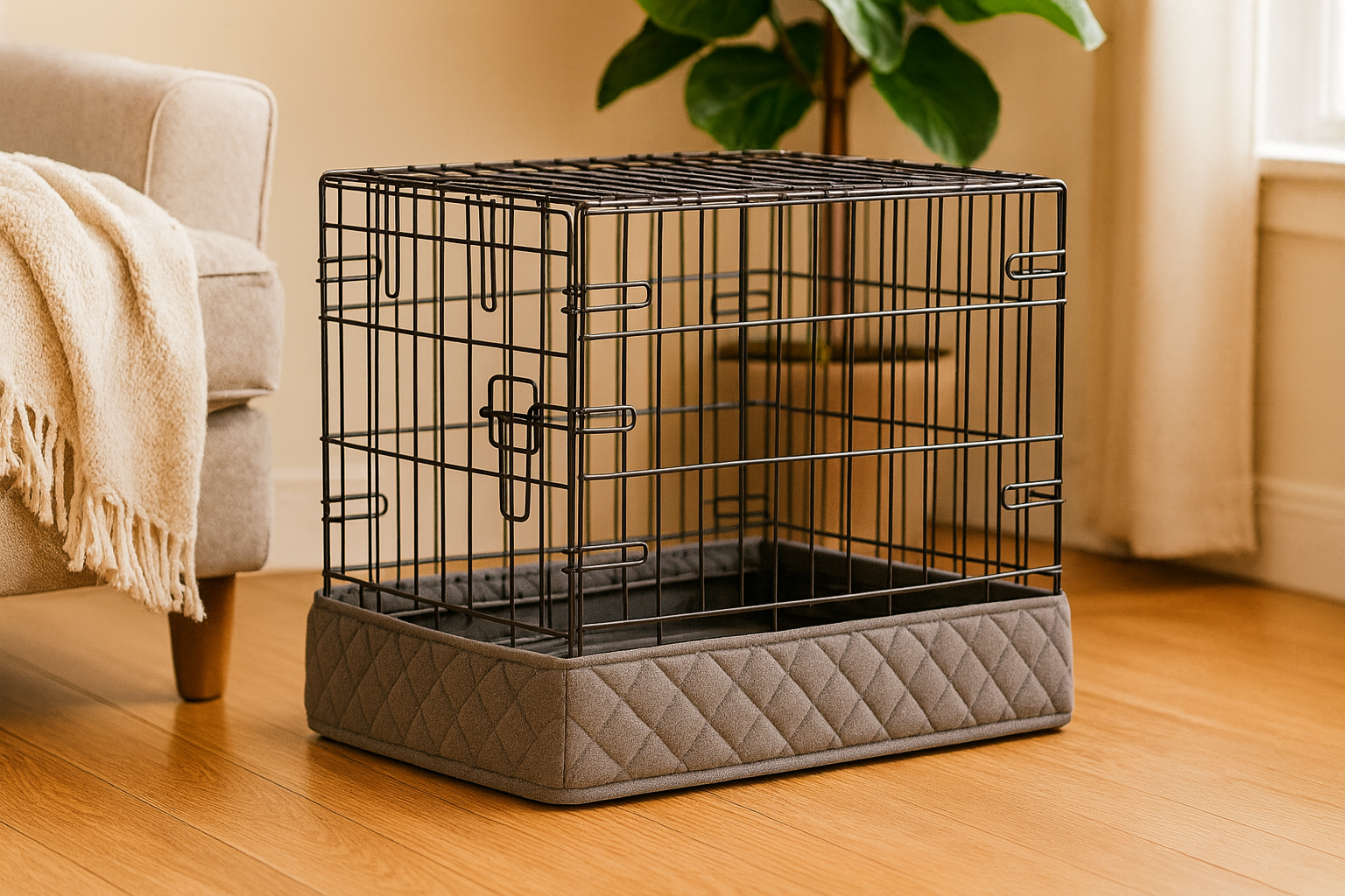 A warm, homey room with a crate that looks tidy and pleasing thanks to Crate Wrap
