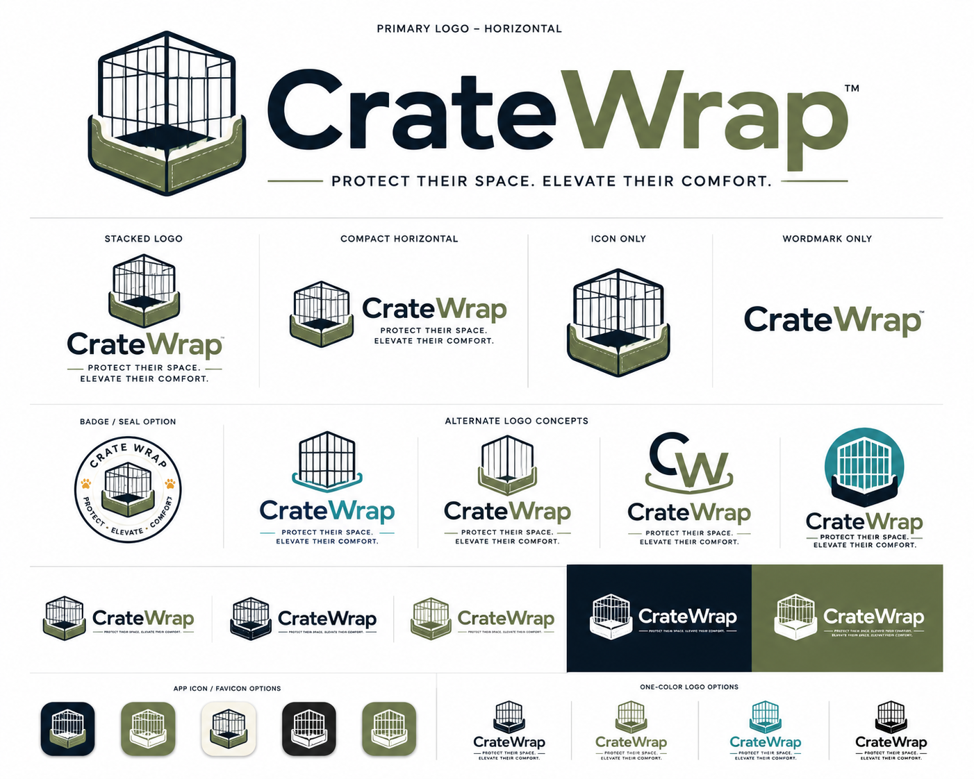 Crate Wrap complete logo family — primary horizontal, stacked, compact, icon only, wordmark only, badge, alternate concepts, one-color options, and app icons